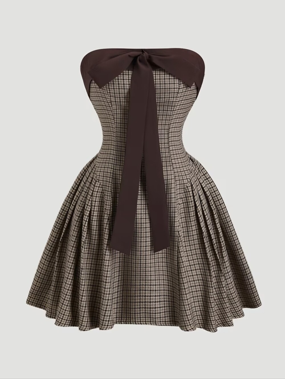 Retro Preppy Style Cami Dress Houndstooth Bow Waist-Cinching A-Line Pleated Skir - Picture 4 of 6
